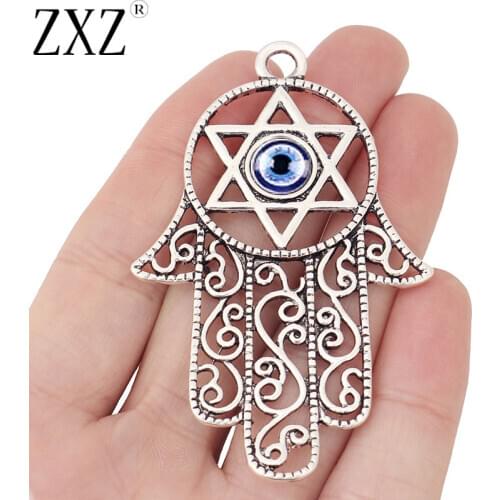 ZXZ 5pcs Tibetan Silver Large Hamsa Hand Fatima Evil Eye Star of David Charms Pendants for Necklace Jewelry Making Findings