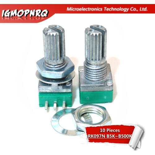 10pcs 3pin RK097N B5K B10K B20K B50K B100K single linked potentiometer audio potentiometer handle 15mm 5K 10K 20K 50K 100K