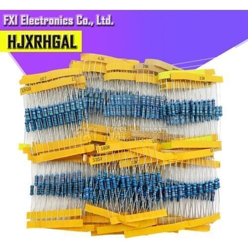 1100pcs/lot 1/2W 1M Metal Film Resistor Assorted Kit 1R/2.2R/3.3R/4.7R/100R/100K/470K/10M/1M/2M ohms Metal Film Resistors Set