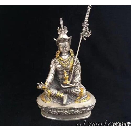 8''Tibetan Silver gold plating carved lotus buddhism Guru padmasambhava buddha