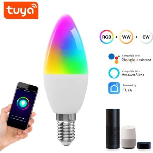 WiFi Smart Bulb RGB+WW+CW LED Candle Bulbs E14 Chandelier Light Bulbs SmartLife APP Remote Control Dimmable 3000K-6000K 4W