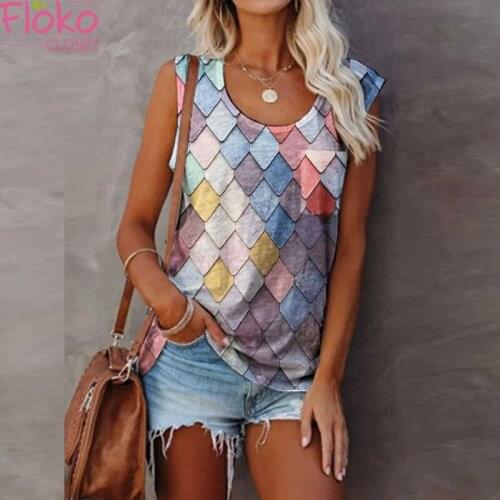 Flokocloset Diamond Color Print Sleeveless O-Neck Shirt Elegant Summer Blouse Casual Loose Streetwear Blusa T-shirt