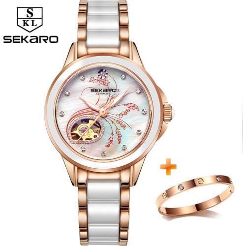 SEKARO Ceramic Womens Mechanical Watch Top Brand Luxury Lady Shining Dress Skeleton Flower Designer Watches Relogio Feminino