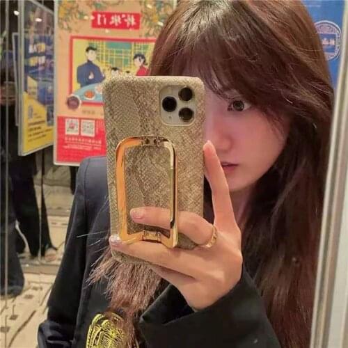Retro Snake Skin PU Leather Phone Case For iPhone 12 11 Pro XS Max 12Mini 7 8 Plus XR SE 2 2020 Finger Ring Metal Holder Cover