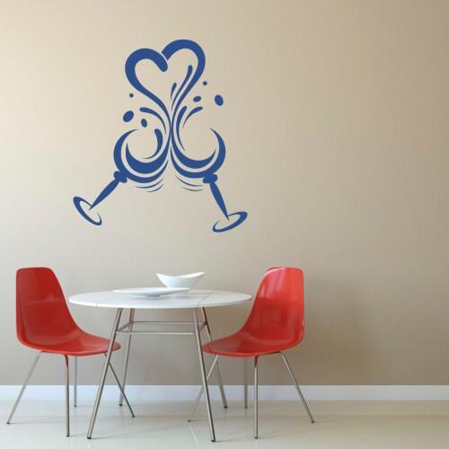 Two Glasses With Heart Wall Sticker Decal Resto-Bar Vinyl Removable Sticker Wall Art Decoration A00948