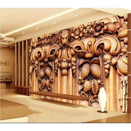 Customized wallpaper for walls Wooden wolf head pattern wood carving wall living 3d wallpaper photo mural wallpaper