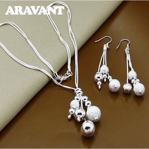 925 Silver Jewelry Set Bead Necklace Drop Earring For Women Fashion Jewelry