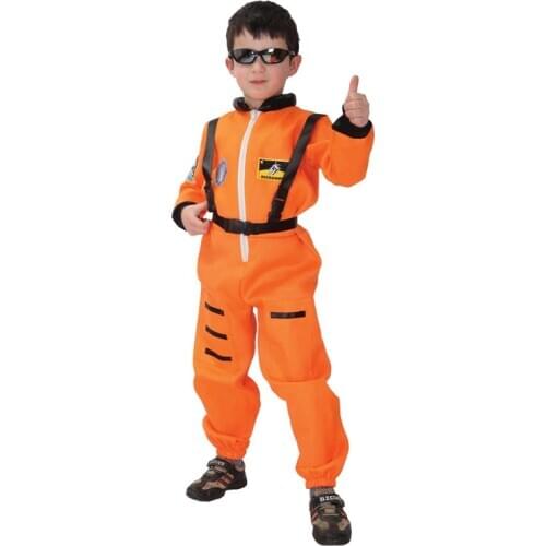 Kids Children Orange Astronaut Costumes for Boys Cosmonaut Pilot Spaceman Costume Uniform Halloween Purim Carnival Party Suit
