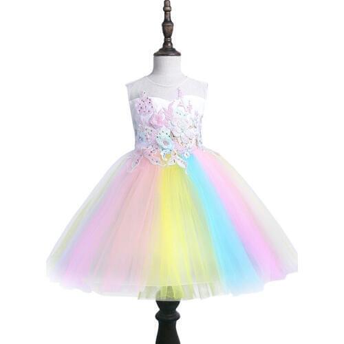 Summer Tutu Dress Girls Dresses Kids Clothes Wedding Colorful Lace Rainbow Girl Birthday Party Evening Dress Children Costumes