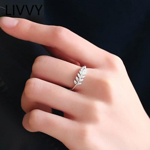 LIVVY Graceful Leaves Open Silver Color Ring Girl Cocktail Party Rings Shine Crystal Zircon Fashion Women Jewelry