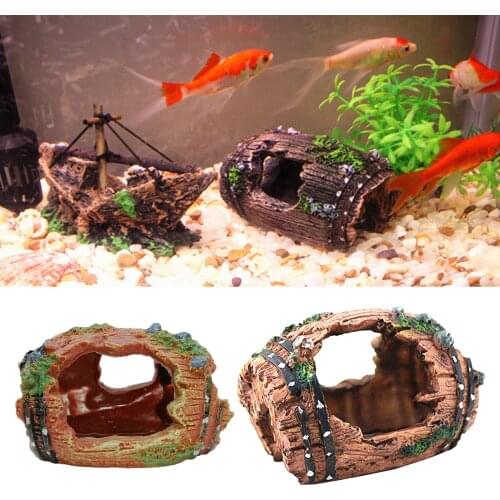 Cute Aquarium Fish Tank Artificial Barrel Ornament Cave Landscaping Decor
