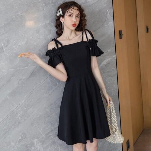 Fashion Women casual high waist A line Midi Strap Dress Ladies Summer Holiday Party Sundress Female summer Black dress