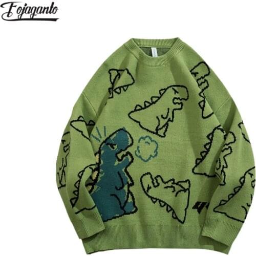 FOJAGANTO Men‘s Harajuku Fashion Sweater Hip-Hop Streetwear Dinosaur Cartoon Pullover O-Neck Oversize Casual Couple Sweater Male