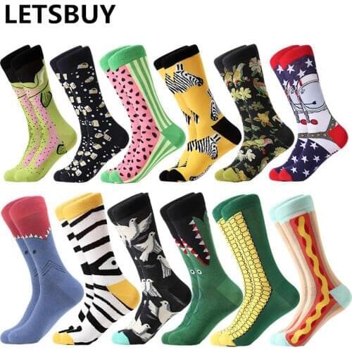 MYORED 12pairs/Lot dropshipping male femacombed cotton colorful funny socks male cute animal british style christmas gi