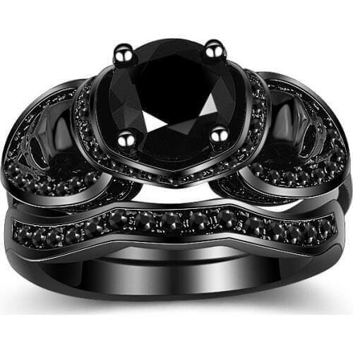 Heart Skull Ring Set Black Color Wedding Black Crystal Ring Women Jewelry Dropshipping