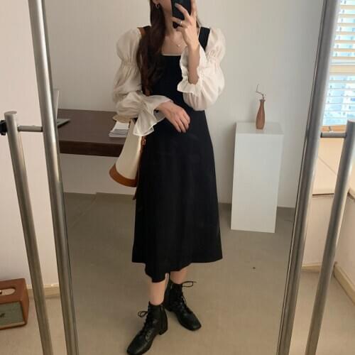 Alien Kitty Women Dresses Square Collar Long-Sleeves Gentle French Long Patchwork Sweet Puff Sleeve Female Fashion Elegant