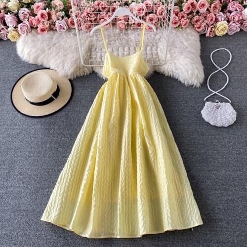 Sexy dress women yellow spaghetti sling dress woman seaside vacation travel beach maxi long dress robe french retro dresses