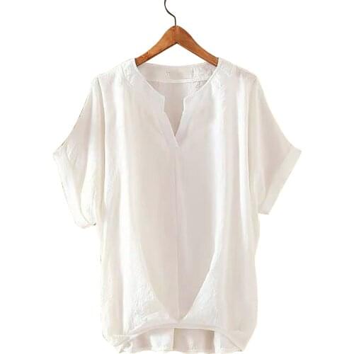 Plus Size Tops For Womens 3xl Summer Cotton And Linen Blouse Pure Color Temperament V-neck Loose And Thin Shirt Топик Женский