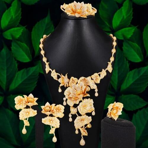 Blachette Luxury Lotus FLOWERS Jewelry Sets For Women Wedding African Indian High-quality Cubic Zircon Dubai Bridal Jewelry