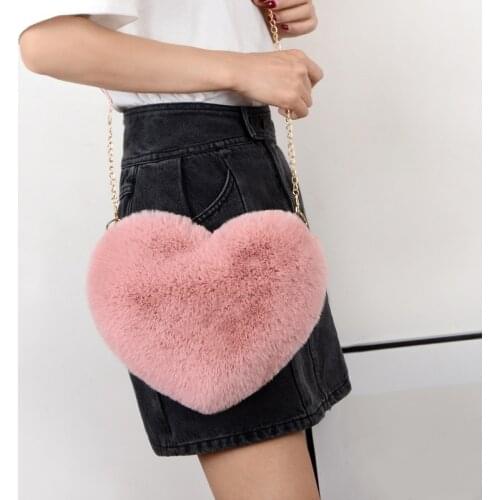 New Fashion Plush Love Heart Shaped Bag Storage Bags Female Chain Bag Shoulder Crossbody Bag Women Girls Valentines Day Gift