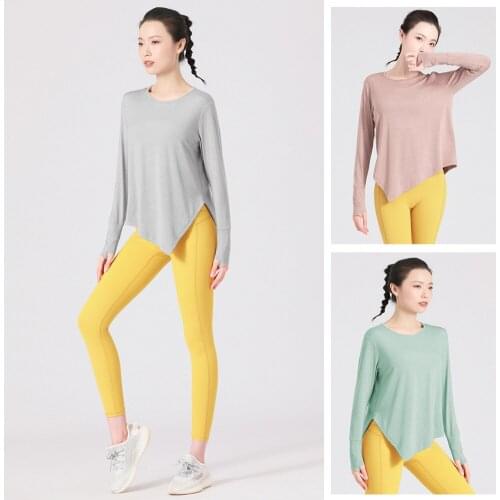Yoga Tops Women Long Sleeve Shirt Thumb Hole Irregular Hem Loose T Shirt Running Fitness Casual Gym Wear Sports Shirt