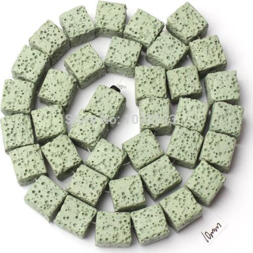 High Quality 10mm 12mm Light Green Color Natural Lava Rock Stone Square Shape Necklace Bracelet Jewelry Gem Loose Beads w2350