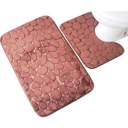 Zeegle Stone Embossed 2pcs Anti-slip Bath Mat Set Bathroom Floor Mats Absorbent Bathroom Carpet Toilet Rug Flannel Shower Mat