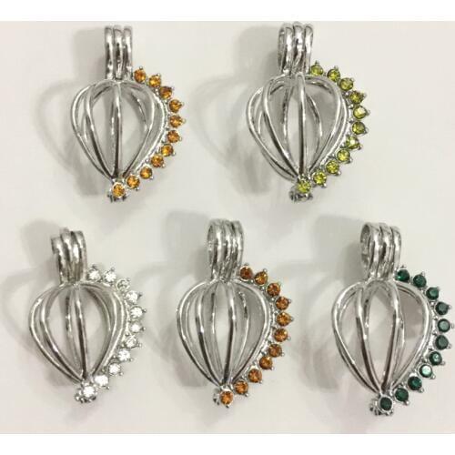 Green Champagne Coloured Rhinestone Heart Drop Shape Locket Cage Floating Charm Can Put In A 9mm Pearl Gem Bead Pendant Fitting