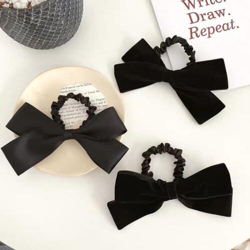 Vintage Velvet Big Bow Hair Tie for Women Fashion Black Hair Rope
