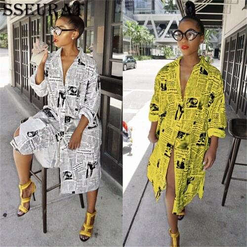 SSEURAT 2021 Women Summer Letter Newspaper Print Button Up Long Sleeve Mid Calf Length Dres Blouse Shirt Fashion Dresses