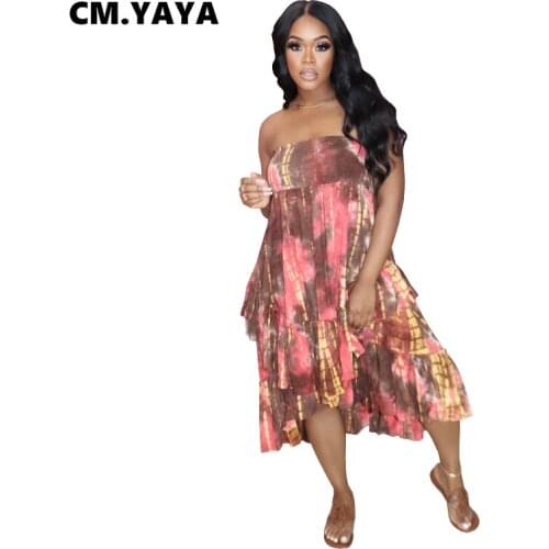 CM.YAYA Women Midi Dress Tie Dye Print Sleeveless Strapless Ruffles Asymmetrical Maxi Dresses Sexy Fashion Street Outfit Summer