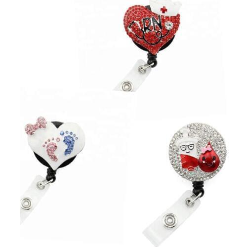 10PCS/Lot hot sell free shipping 3style Cute Decorative Medical rhinestone Retractable ID Badge Holder For Nurse