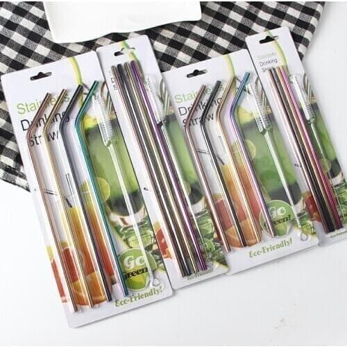100set/lot Color Stainless Steel Straw Set Mirror Polished Sucker Beverages Curved Straw Drinks 4 Straw and 1 brush