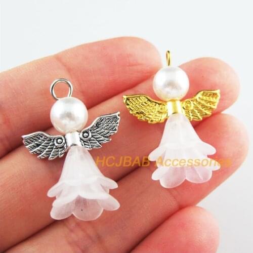 12Pcs Retro Gold Tibetan Silver Tone White Acrylic Angel Charms Pendants 21.5x29mm