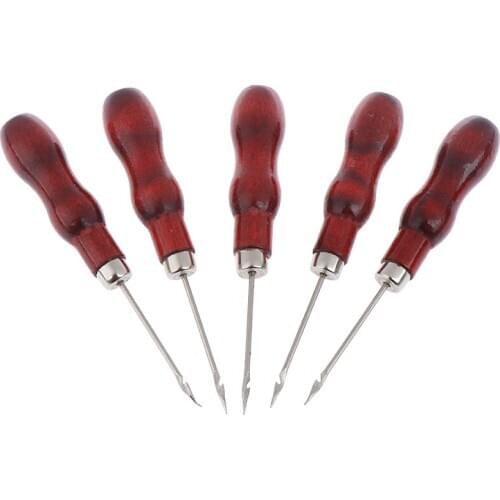 5 Pcs Red Wooden Handle Sewing Awl Hand Stitcher Leather Craft Tip Shoe Repair Puncher Positioning Drill Sewing Needle Hook Tool