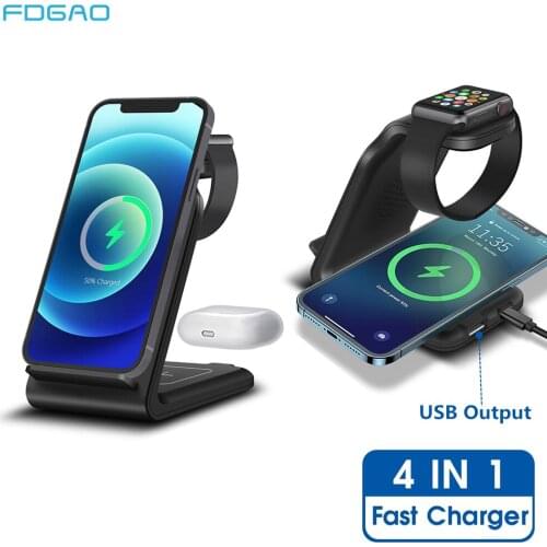 4 In 1 Wireless Charger Stand 20W Qi Fast Charging Dock Station for Apple Watch 6 AirPods Pro iPhone 12 11 XS XR X 8 Samsung S21