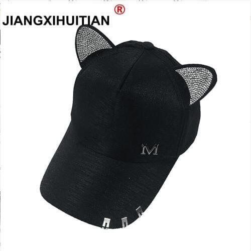 New meow Womens Summer fall black white Pink hat Cat ears Cat Baseball cap with rings and lace Diamond cute girl hat