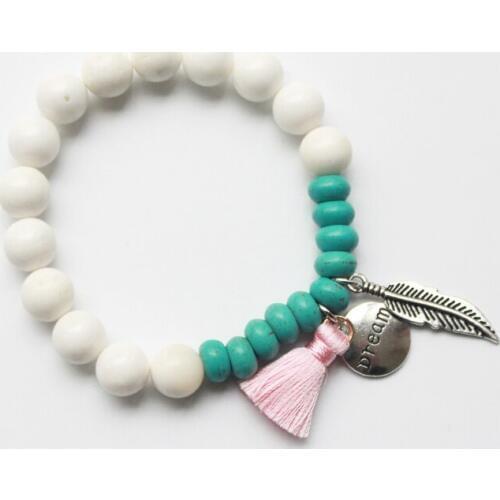 Blue Stone Beads and 10mm white Natual Shell Round Beads Elastic Bracelet NSB1016