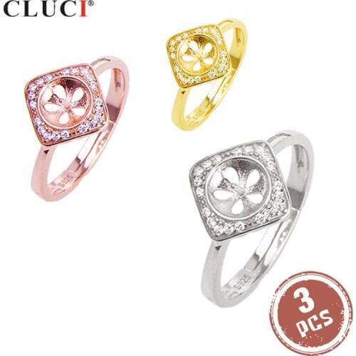 CLUCI 3pcs 925 Sterling Silver Square Ring Women Pearl Ring Mounting Jewelry Adjustable Geometric Zircon Rings SR2186SB