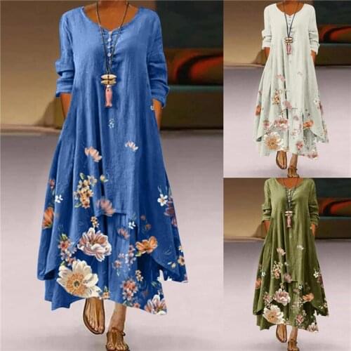 Women Floral Print Maxi Dress, Loose Fit Long Sleeve Irregular Hem Dress for Summer, 3 Colors, S-XL