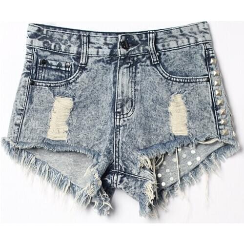 Hot Sale Explosion Style Womens Hole Denim Loose Shorts Studs Hot Pants