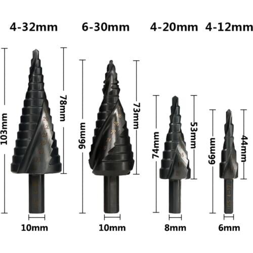 4-12/20/32mm 6-30mm HSS Cobalt Step Cone Drill Bit Nitride Coated Wood/Metal Hole Cutter Drill Spiral Groove Step Drill Bit