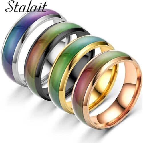 Glossy Color Stainless Steel Rings New Couple Round Circle Heat Sensitive Sealing Glaze Seven Colorful Minimalist Ring