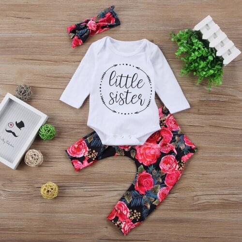 Long Sleeve Romper Flower Pants Headbands Cotton 3Pcs Outfits Clothing Set Newborn Toddler Baby Girls Clothes Sets Tops