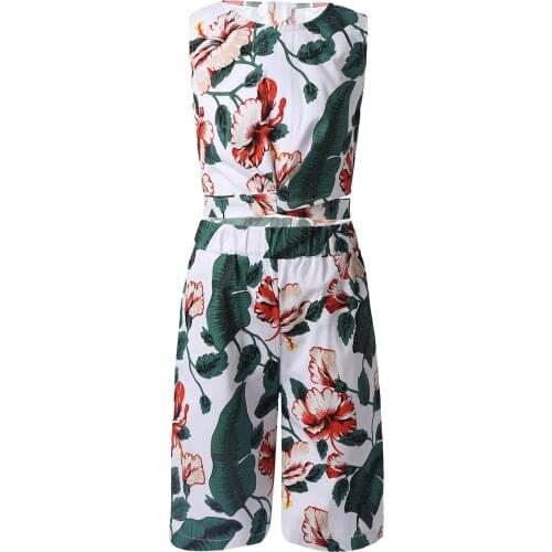 New Summer Girls Floral Two-piece Set Big Kids Sleeveless Open Waist Printed Top Wide Leg Cropped Pants Suit Summer Tracksuit