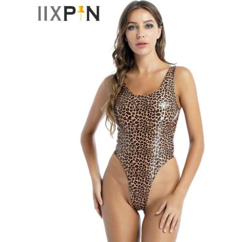 Swimwear Womens Leopard Print Patent Leather Catsuit Clubwear Tight Romper Jumpsuit High Cut Sexy Bodysuit Sleeveless Swimsuit