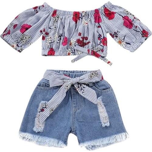 0-6Yrs Newborn Baby Girls Clothes Toddler Kids Stripe Floral Off Shoulder Tops+Ripped Denim Shorts Outfits