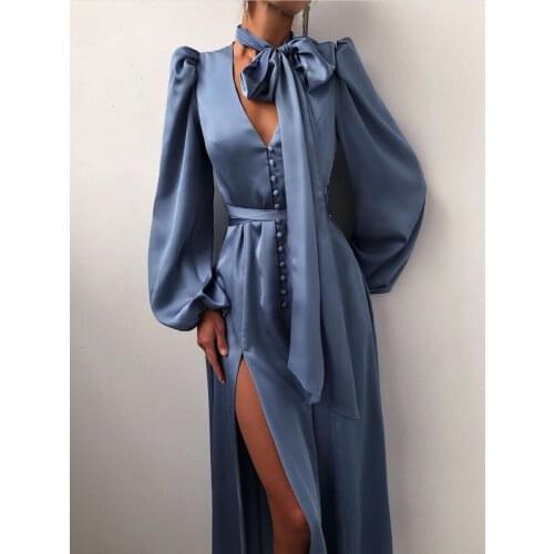 Women Satin Dress Female Design Sense Lantern Long Sleeves Waist Slit Slim Long Dress Woman Elegant Party Dresses