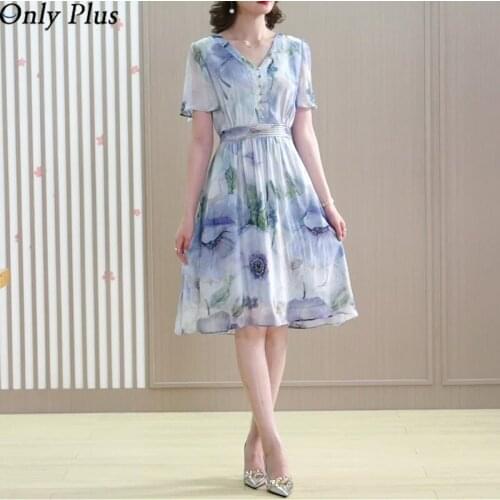 Only Puls V-neck Printed Silk Dress Women 2021 Summer New Mid-Length Skirt Button UP Pullover Office Lady Slim Beach Style