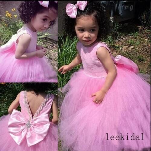 Pink Flower Girl Dresses For Wedding A Line Jewel Tulle with Bow Back and Beads Sleeveless Girls Birthday Party Dresses Custom